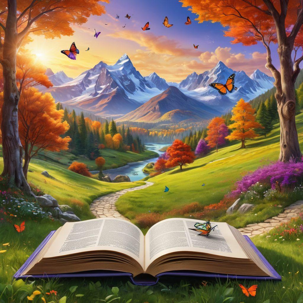 A whimsical landscape featuring a bright sun and colorful trees, with an open book in the foreground spilling out fun facts like butterflies and small animals. In the distance, a path leads to a mountain filled with adventure stories and explorers. Incorporate elements of joy and curiosity in the scene, inviting the viewer to engage with a vibrant life. super-realistic. vibrant colors. fantasy art.