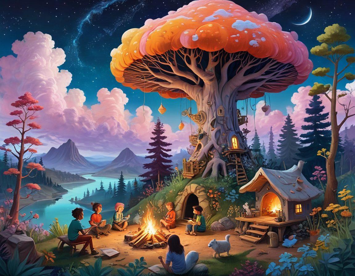A whimsical landscape merging bizarre flora and fauna, with diverse characters sharing stories around a campfire. Incorporate vibrant colors and unexpected elements like floating books and talking animals to evoke curiosity. Enrich the scene with playful details like peculiar structures and dreamy skies that invite exploration. surrealism. vibrant colors. lively atmosphere.